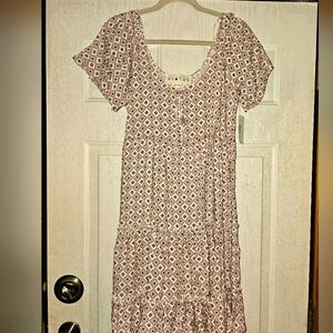 NWT Hiatus Pink-White-Black Ruffled Midi Sundress with Flutter Sleeves